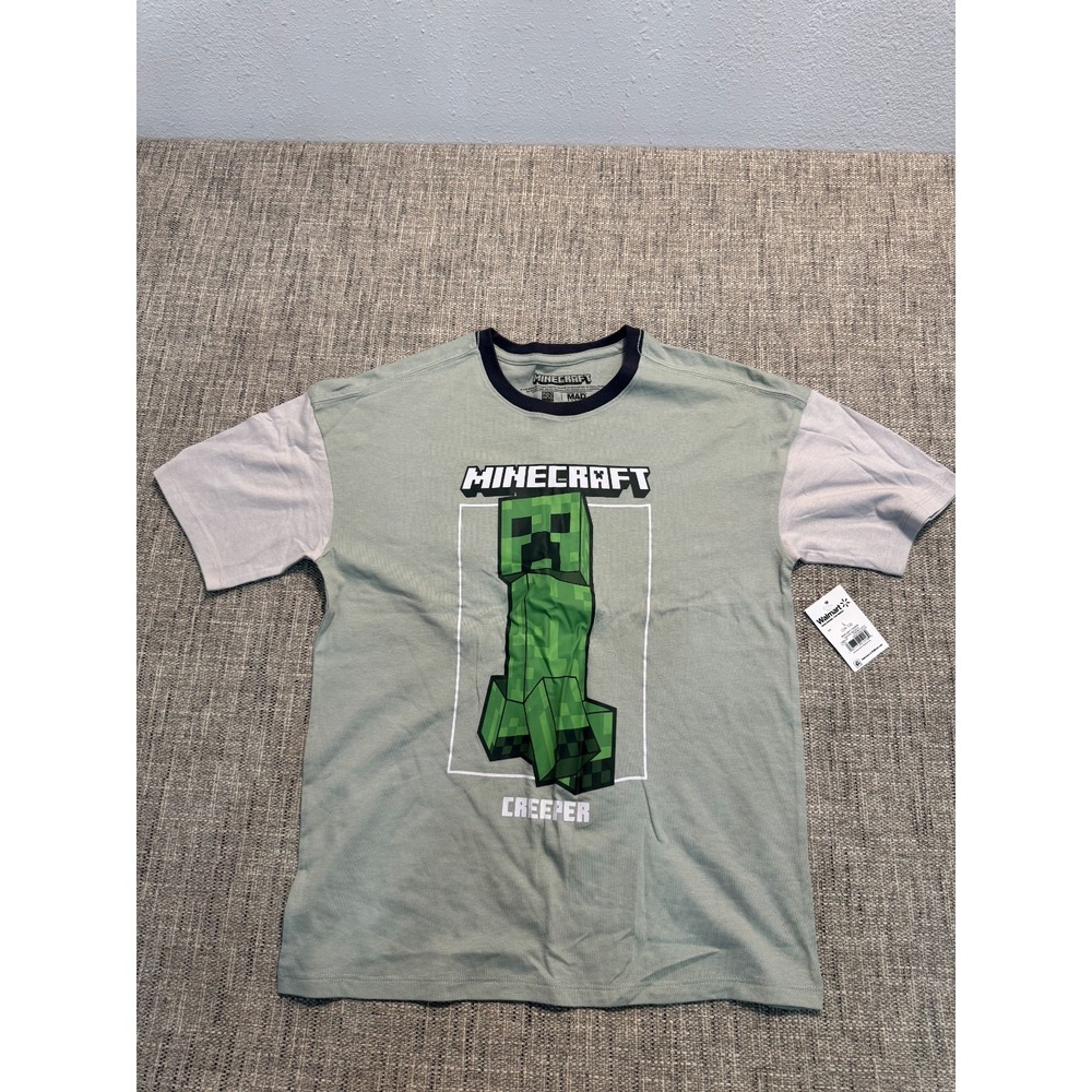 Minecraft Creeper T-Shirt Boy L (10-12) Sage Graphic Print Short Sleeve‎ Stretch